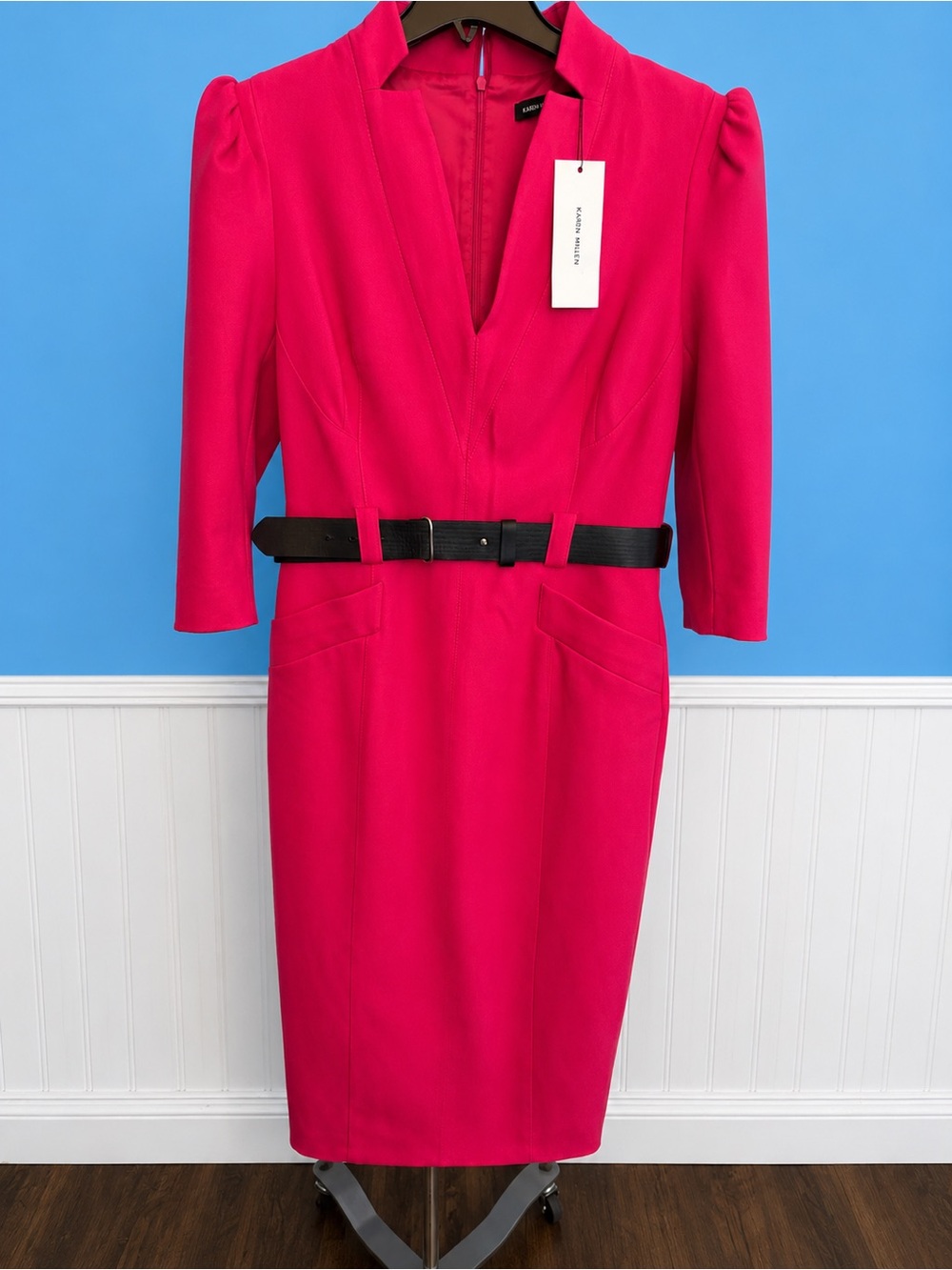 Karen Millen Forever Belted Midi Pencil Dress Magenta Pink NWT US 8 UK 12